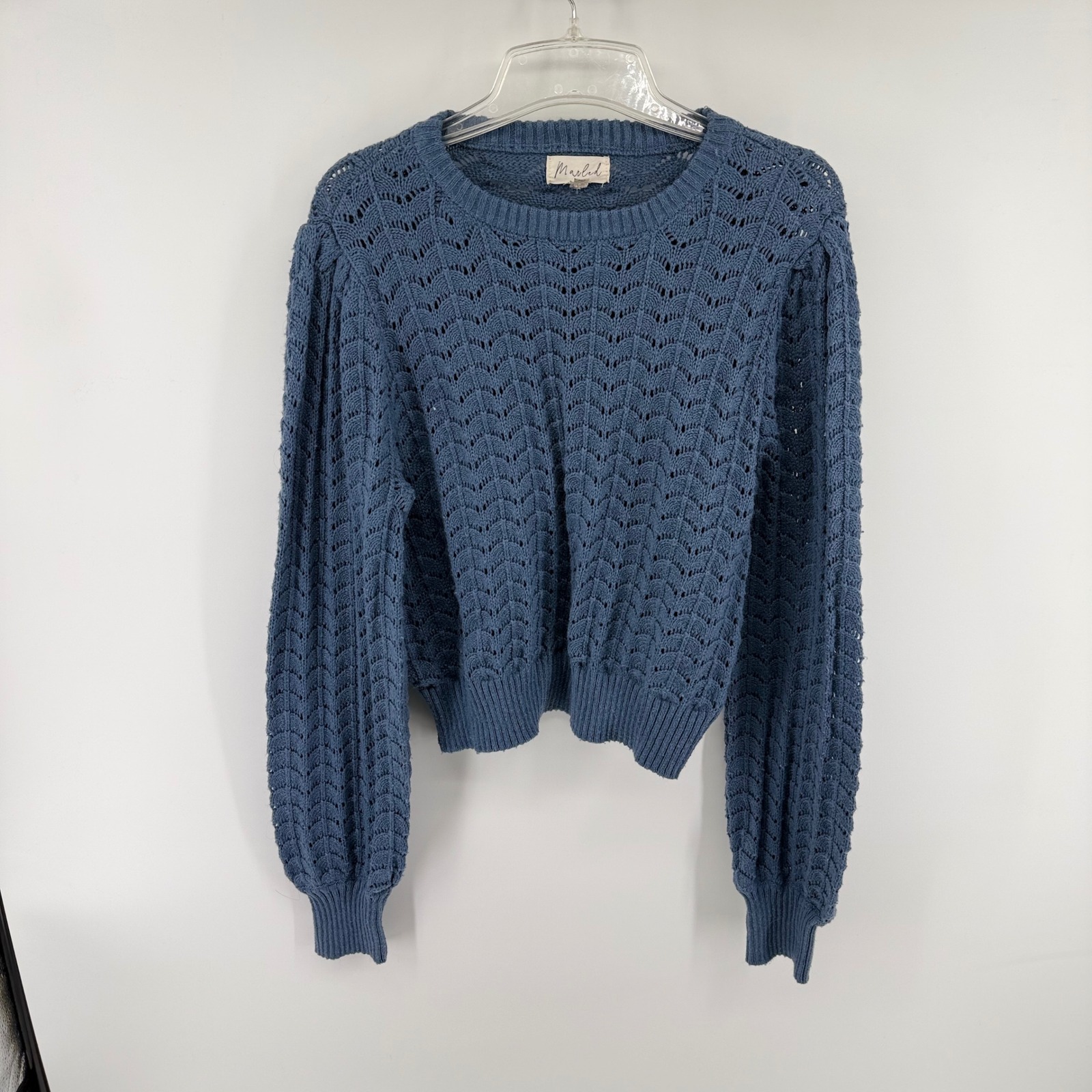 Marled Womens Dusty Blue Pointelle Knit Scalloped Balloon Sleeve Sweater Large